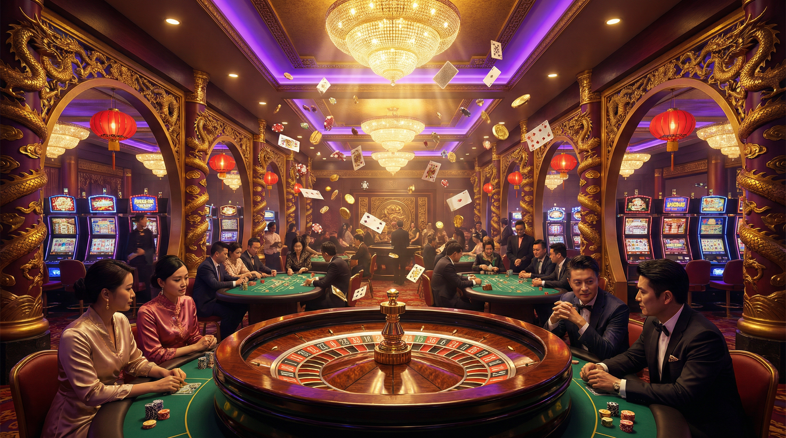 赌博平台豪华博彩大厅展示,包含轮盘、扑克桌和老虎机
